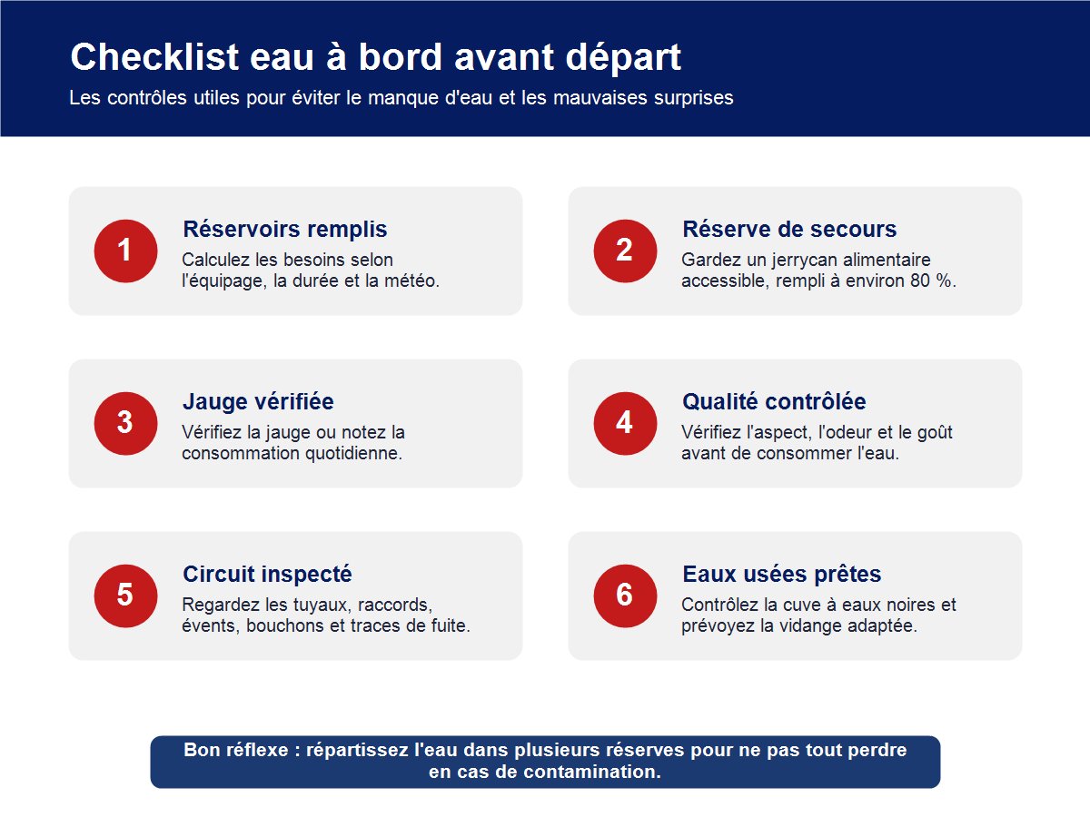 Infographie checklist eau à bord avant le départ en bateau